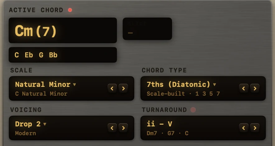 Harmonik's chord column: active chord Cm(7) with notes C Eb G Bb, scale set to Natural Minor, chord type 7ths Diatonic, voicing Drop 2, turnaround ii V.