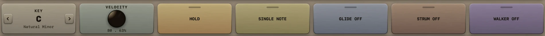Harmonik's mode strip: key selector set to C Natural Minor, a velocity knob at 80, and switches for HOLD, SINGLE NOTE, GLIDE, STRUM and WALKER.