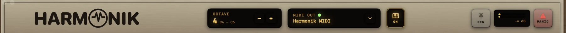 Harmonik's top bar: octave 4 spanning C4 to C6, MIDI OUT showing Harmonik MIDI with a green active light, the internal sound toggle set to ON, PIN, an output meter and PANIC.